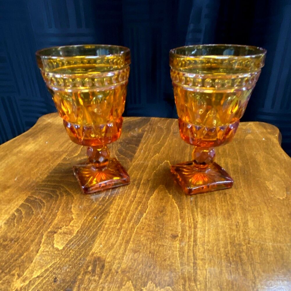 Set of 2 Amber Pressed Glass Goblets, 5" Tall, 3" Diameter, Glossy Finish